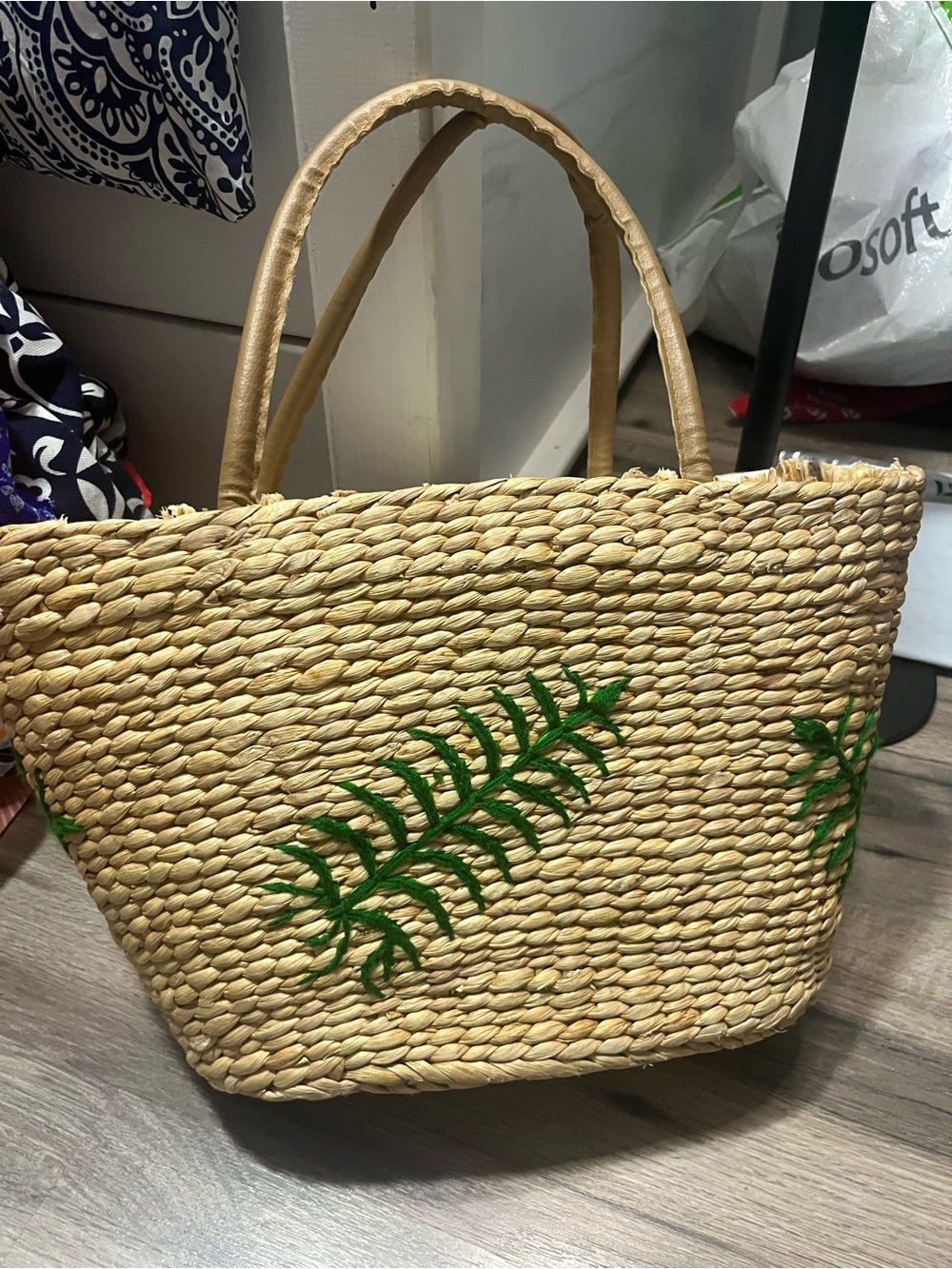 Woven Straw Tote Bag with Green Leaf Embroidery - Women Bags